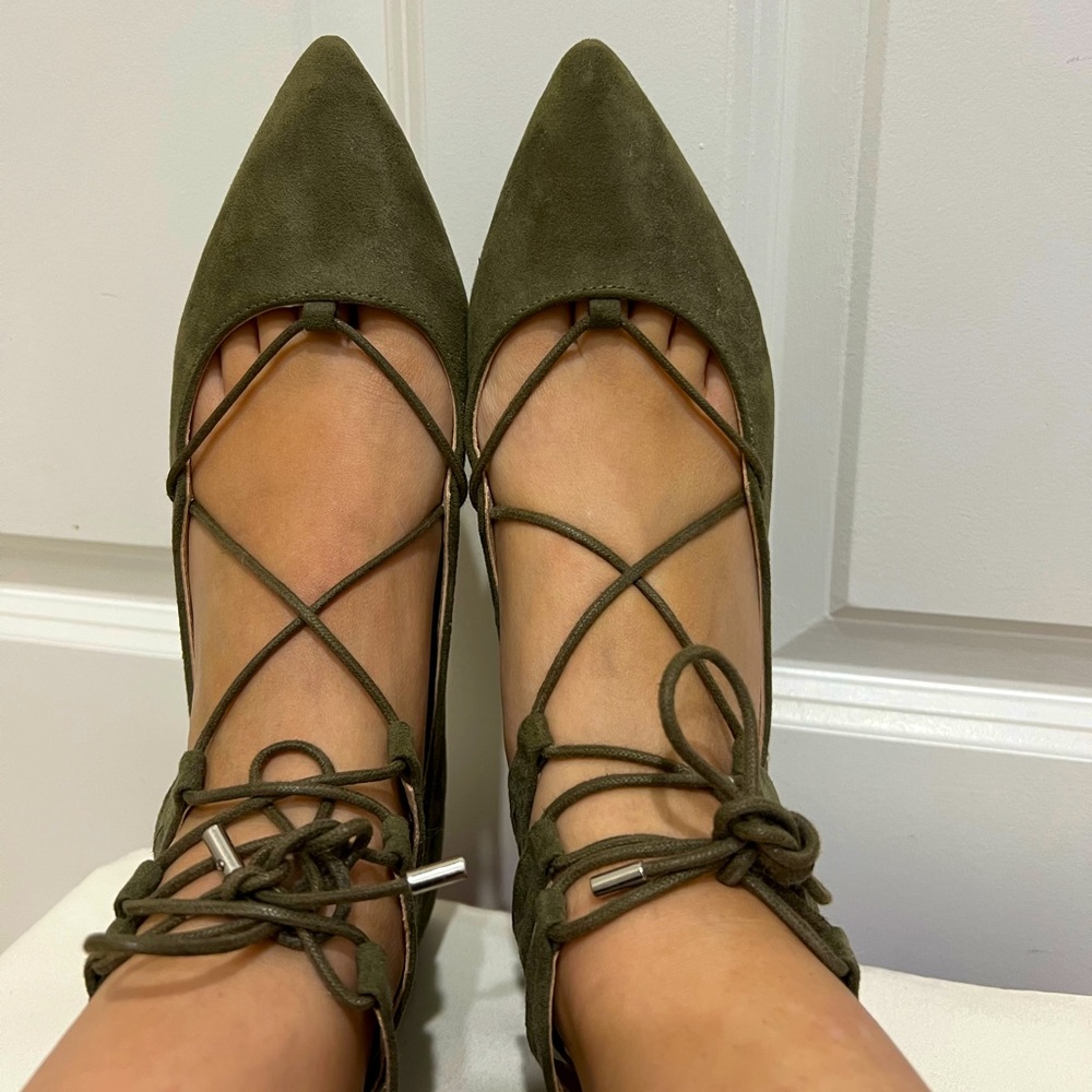 Olive Suede Lace-up Flats